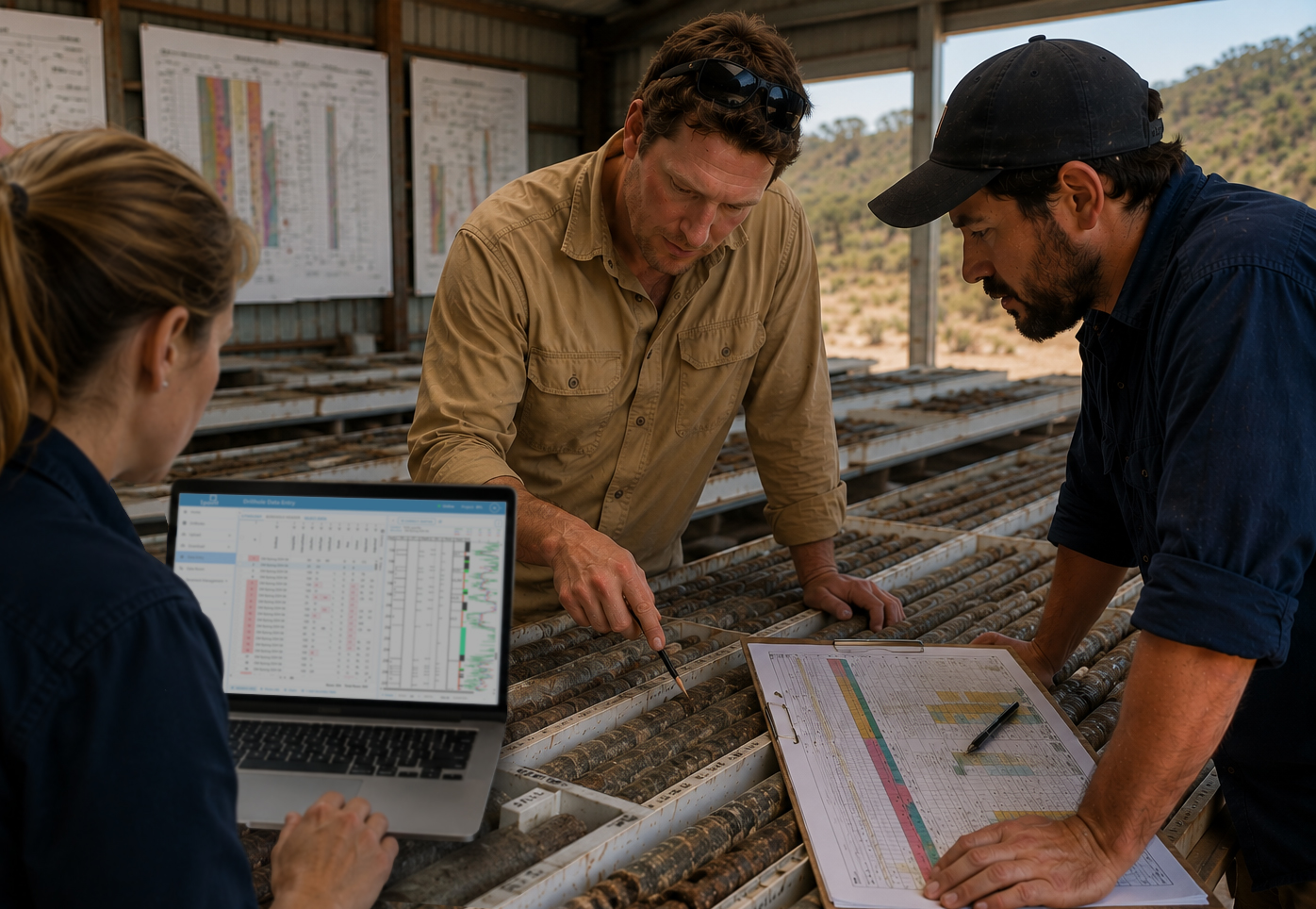 Geologists Analysing Drill Cores in the Shed with 1point